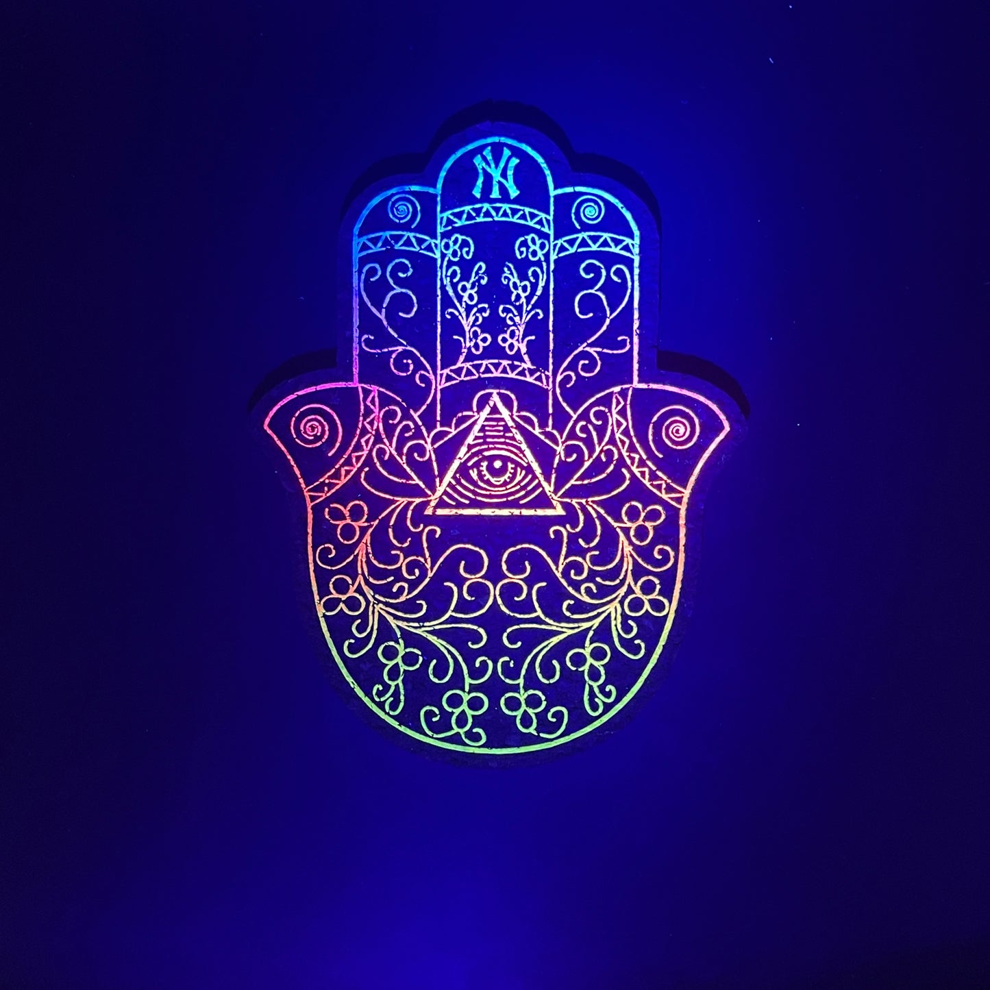 Illuminati Blue-Pink-Yellow Hamsa Hand Moodmat